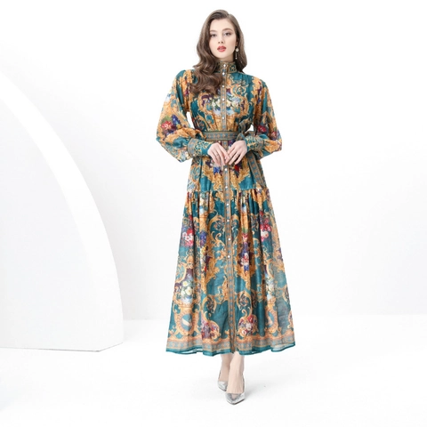 Vestito Maxi Donna Stampa Barocca Vintage Collo Alto Manica Lanterna Abito Lungo Elegante A Linea Con Cintura