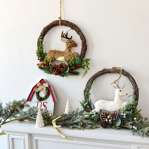 Guirnalda De Navidad Con Anillo De Ratán Piñas Bayas Y Reno Para Decoración De Puerta Colgante De Pared Estilo Nórdico