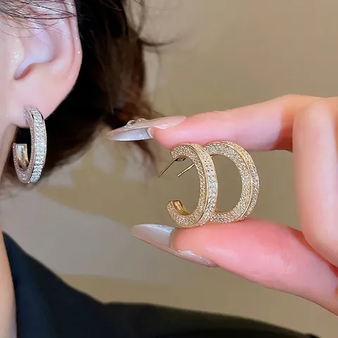 Glänzende Zirkon C-Hoop Ohrringe Mit 925 Sterling Silber Ohrstecker Luxus Französisch Stil Kupfer Schmuck Für Damen