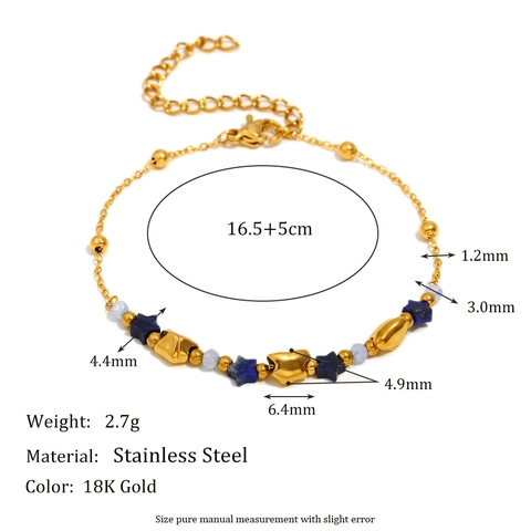 Star Bracelet 18K Gold Plated Stainless Steel Blue Beaded Adjustable Extension Chain Fashion Jewelry For Women