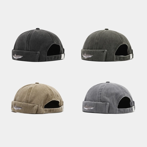 Vintage Shark Embroidery Washed Cotton Brimless Docker Hat Adjustable Miki Beanie Streetwear Cap For Men Women
