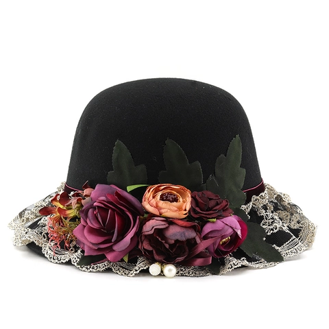 Chapeau Cloche Femme Vintage Élégant Feutre De Laine Fedora À Bord Large Avec Fleur Dentelle Künstliche Perle Décoration Pour Mariage Fête