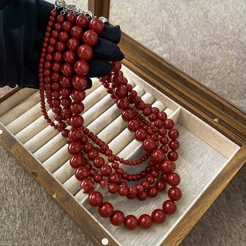 Collana Di Perle Di Vetro Rosse Retro Francese Per Donne Elegante Tonda Lucida Fatta A Mano Catena A Clavicola Gioielli Di Moda