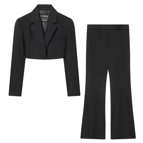 Blazer Corto De Color Sólido Para Mujer Y Pantalones De Campana Cintura Alta Streetwear Retro Elegante Conjuntos Trajes