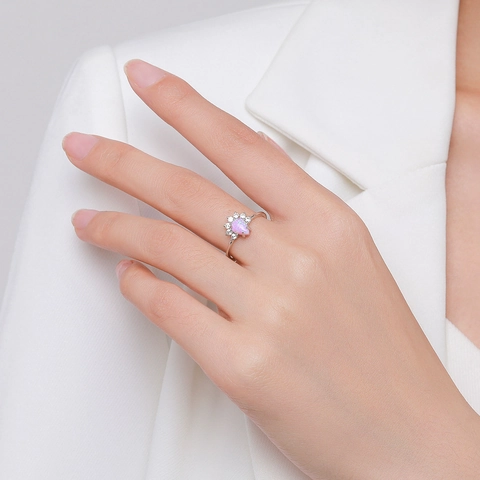 925 Sterling Silber Ring Rosa Birnenschliff Opal Weißer Zirkon Kronenform Schmuck Für Frauen Elegant