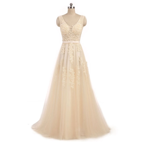 Robe De Soirée Élégante En Dentelle Et Tulle Col En V Sans Manches Coupe Trapèze Pour Mariage Femmes