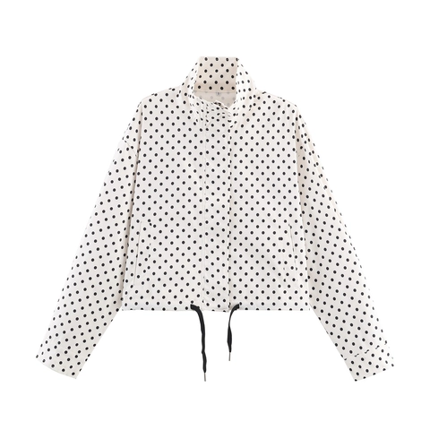 Polka Dot Print Jas Voor Dames Retro Franse Stijl Opstaande Kraag Rits Trekkoord Zoom Polyester Crop Bovenkleding