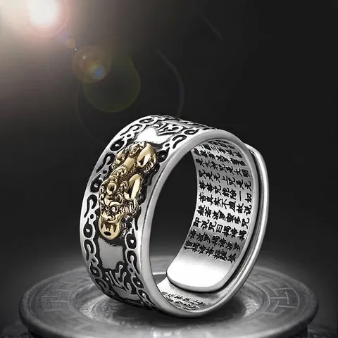 Vintage Pixiu Hart Sutra Verstelbare Open Ring Verzilverde Legering Etnische Stijl Voor Heren Sieraden