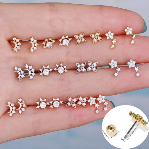 Piccoli Orecchini A Lobo Cartilagine Ottone Con Perno In Acciaio Inossidabile Micro Zircone Stella Luna Stile Celeste Donne