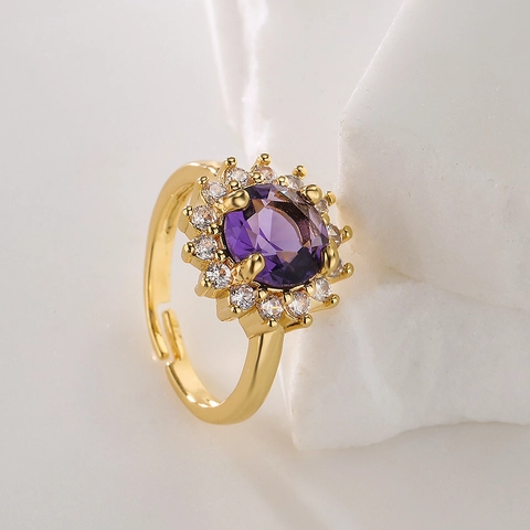 Sunflower Open Ring Copper 18K Gold Plated Cubic Zirconia Adjustable Geometric Flower Light Luxury Jewelry For Women