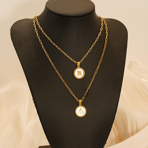 Initial Letter Pendant Necklace Stainless Steel 18K Gold Plated Shell Mother Of Artificial Pearl Paperclip Chain Minimalist Women Jewelry