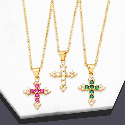Kreuz Anhänger Halskette Bunte Zirkonia Eingelegt Kupfer 18K Vergoldet Religiöser Christlicher Schmuck Für Damen Kette