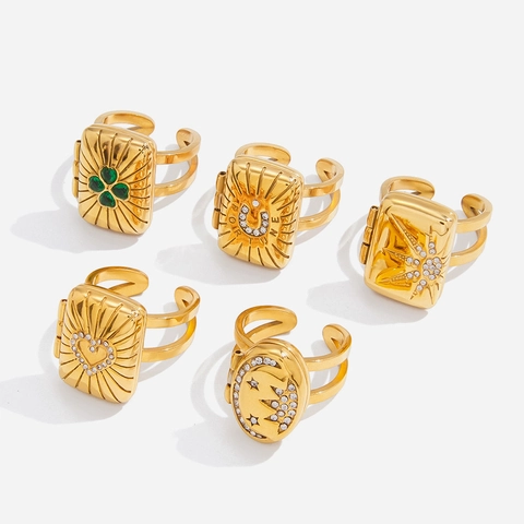 Vintage Edelstahl Gold Plattiert Tarot Medaillon Ring Für Damen Herz Kleeblatt Stern Fortune Strass Foto Box Ring Schmuck