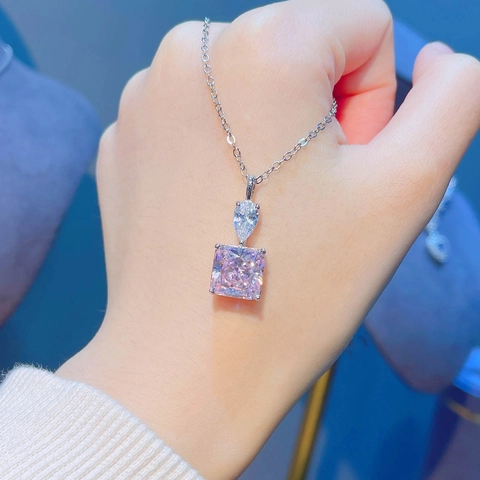Pink Radiant Cut Cubic Zirconia Necklace Pendant Earring Studs And Adjustable Ring Copper White Gold Plated Jewelry For Women