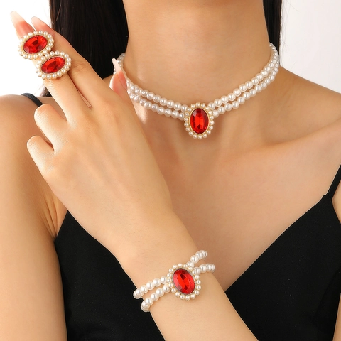 Vintage Imitation Artificial Pearl Jewelry Necklace Bracelet Earring Ring Multi Layer Rhinestone Gemstone Elegant Women Accessories