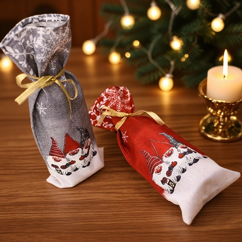 Christmas Wine Bottle Cover Faux Linen Gnome Snowflake Print Gift Bag With Gold Ribbon For Party Table Decoration