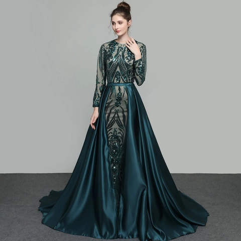 Long Sleeve Sequined Embroidery Evening Dress Satin Trailing Floor Length Formal Party Gown For Women Elegant Luxury