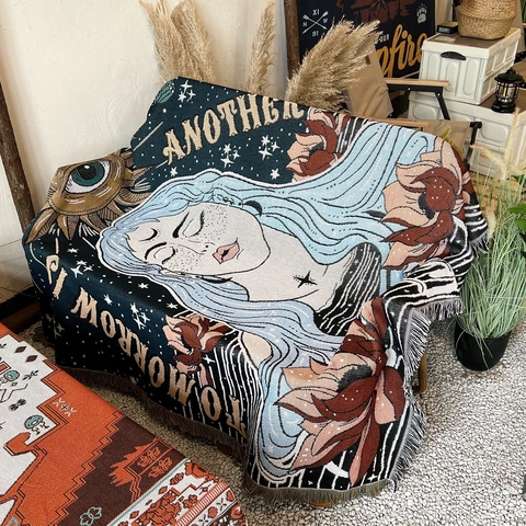 Bohemian Woven Cotton Blanket Throw With Tassels Mystical Sun Moon Lotus Female Portrait For Sofa Bed Camping Picnic