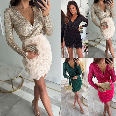 Women Luxurious Sequin V-Neck Long Sleeve Dress Fringe Slim Fit Mini Party Dress Elegant Sparkly Cocktail Evening Banquet Dress For Women