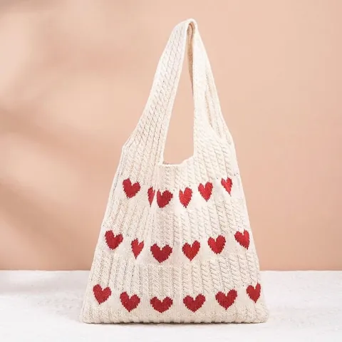 Women Knit Tote Bag Heart Pattern Polyester Crochet Shoulder Bag Large Capacity Casual Shopping Handbag Soft Cable Knit