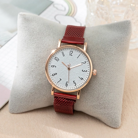 Fashion Women's Quartz Watch Magnetic Mesh Metal Strap Textured Number Dial Analog Wrist Watch For Lady Elegant Jewelry