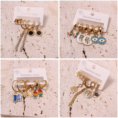 Stainless Steel 18K Gold Plated Earrings Evil Eye Tree Of Life Heart Clover Rhinestone Enamel Bohemian Trendy Jewelry Women