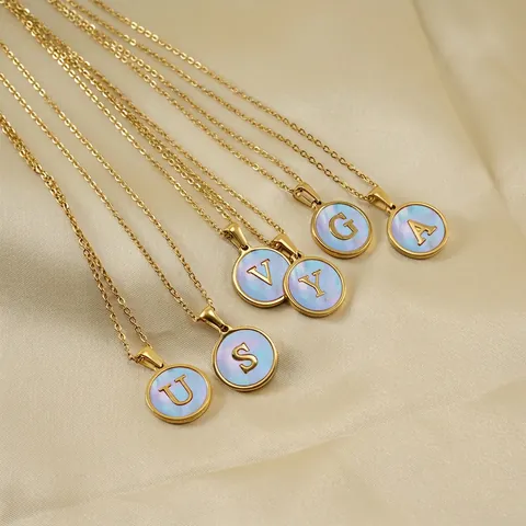 Initiale Hanger Ketting Roestvrij Staal Verguld Rond Kunstparelmoer Schelp Hoofdletter Dames Sieraden