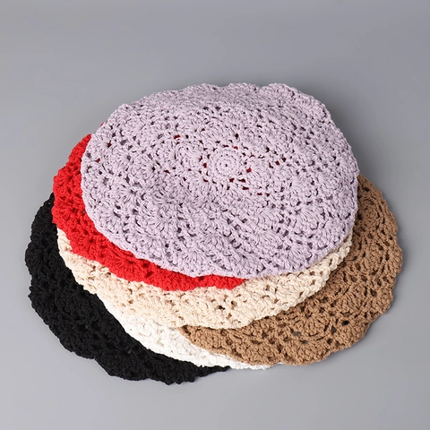 Crochet Beret Hat Handmade Cotton Yarn Hollow Out Breathable Japanese Vintage Style Artist Painter Cap For Women