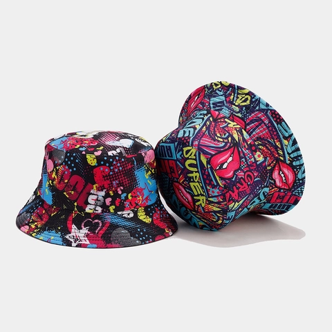 Polyester Omkeerbare Vissershoed Graffiti Letterprint Opvouwbaar Zonbescherming Streetwear Mode Voor Heren Dames