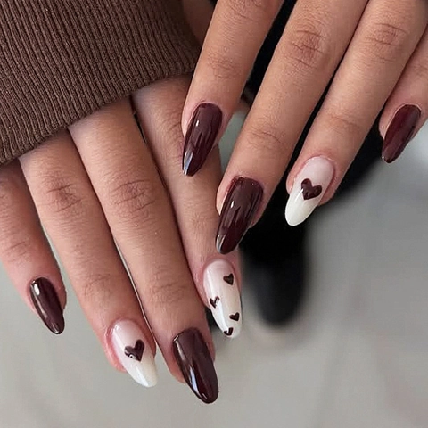Uñas Postizas Press On Almendra Patrón Corazón ABS Brillante Degradado Marrón Blanco Decoración Manicura San Valentín