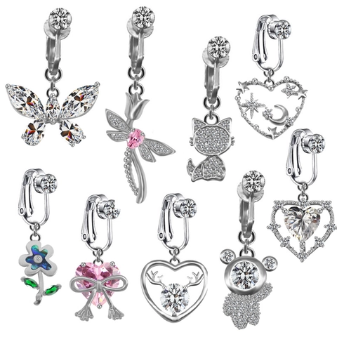 Alloy Strass Navelring Clip Zonder Piercing Vlinder Beer Libel Hartvorm Oorclip Voor Dames Mode Sieraden