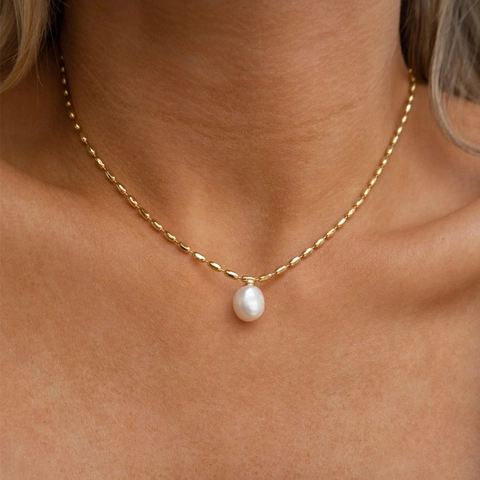 18K Vergoldet Edelstahl Süßwasserperle Anhänger Halskette Damen Ovaler Perlenkette Mode Schmuck Halsschmuck Geschenk