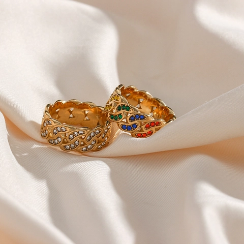 Bohemian Cuban Chain Stainless Steel Ring Colorful Zirconia Inlaid Electroplated Gold Geometric Jewelry Finger Ring For Women