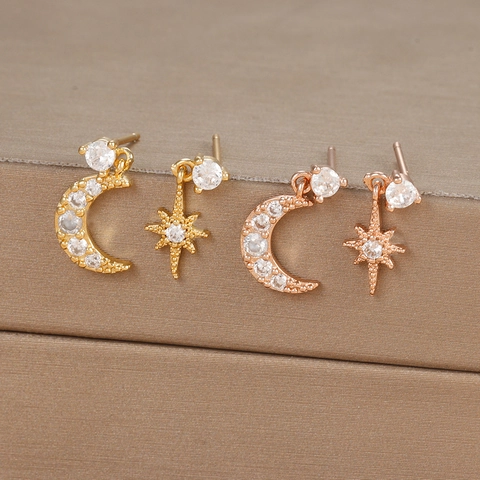Orecchini Asimmetrici Luna Stella Rame Zircone Con Perno Argento 925 Gioielli Eleganti Placcati Oro 18K Da Donna