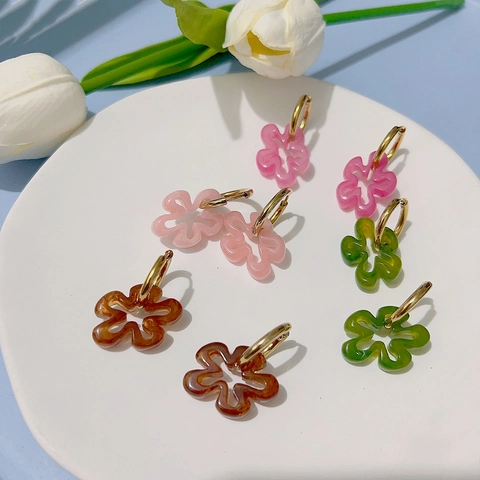 Floral Hoop Earrings Stainless Steel Gold Plated Translucent Resin Flower Dangle Charms Sweet Candy Color Jewelry Women