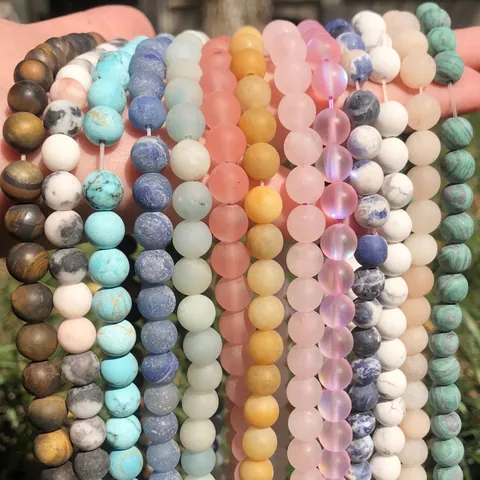 Frosted Natural Gemstone Round Loose Beads Matte Agate Rose Quartz Amazonite For DIY Jewelry Making Bracelet Necklace