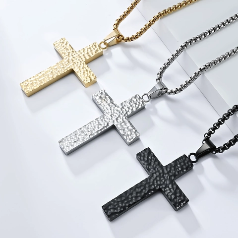Collar de Cruz de Acero Inoxidable Martillado a Mano Para Hombre Mujer Textura Irregular Colgante Religioso Minimalista Joyería