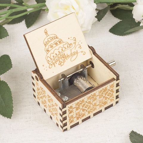 Wooden Hand Crank Musical Box Laser Engraved Happy Birthday Retro Mechanical Wood Metal Musical Gift For Friends Kids
