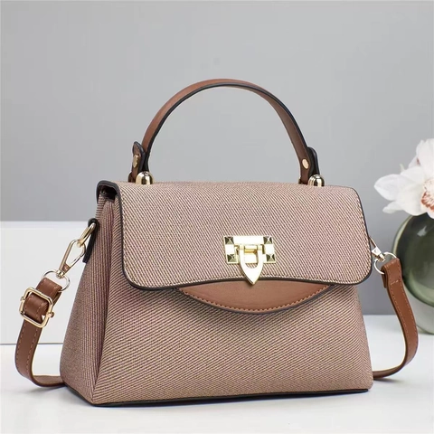 Sac À Épaule Femmes Cuir PU Et Toile Couleur Contrastée Sac À Main Tote Avec Boucle Métallique Bandoulière Amovible