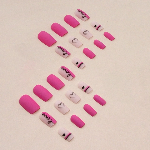 Uñas Postizas Cortas Forma Ataúd Rosa Barbie Mate Con Diseño De Corazón Y Love Estilo Dulce Para Mujeres