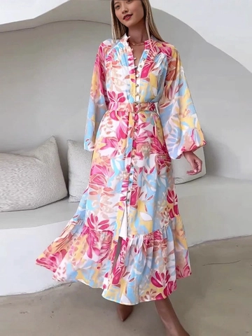 Floral Print Polyester Maxi Dress Long Lantern Sleeve Button Up Belted Bohemian Vacation Elegant Women