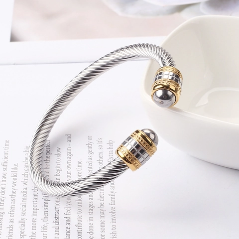 Twisted Cable Open Cuff Bangle Men Titanium Stainless Steel With Black Onyx Bead Vintage Industrial Style Hip Hop Jewelry