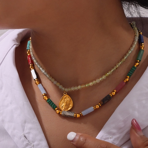 Collier en Acier Titane Fait Main Bohème pour Femmes Pendentif Perle d'Eau Douce Pierre Naturelle Bijoux Perles Cœur Goutte