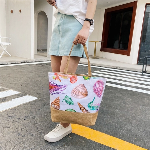 Large Capacity Tote Bag Tropical Floral Ocean Print Canvas Jute Stitching Casual Shoulder Beach Shopping Handbag Women