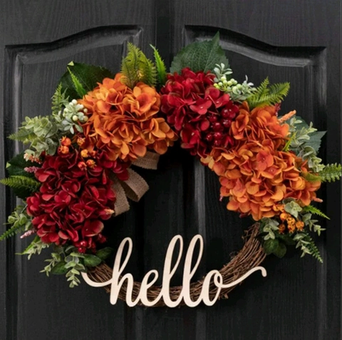 Artificial Hydrangea Wreath With Wood Hello Sign Autumn Harvest Floral Garland For Front Door Decor Farmhouse Style