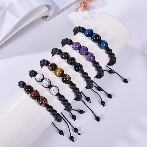 Natürliche Amethyst Tigerauge Stein Perlen Halskette Und Armband Verstellbarer Handgefertigter Geflochtener Seilschmuck Unisex