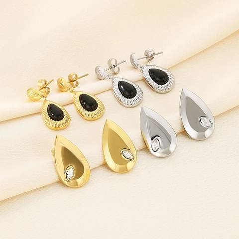 Stainless Steel Teardrop Dangle Earrings With Cat's Eye Stone And Zircon Inlay Shell Texture Fashion Jewelry For Women