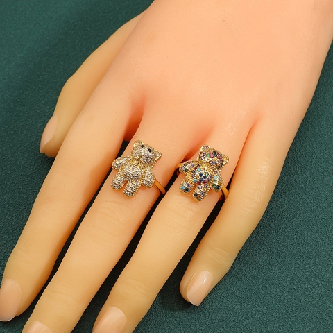 Süßer Teddybär Ring Kupfer Mit Buntem Zirkon Verstellbares Offenes Design Mode Schmuck Geschenk Für Damen