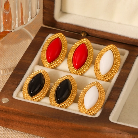 French Retro Marquise Stud Earrings Stainless Steel With Resin Vintage Design Jewelry For Women