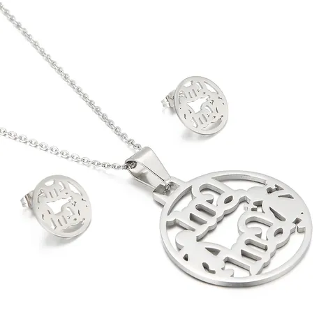 Stainless Steel Jewelry Set Round Pendant Necklace And Ear Studs Mother's Day Gift For Mom Silver Color Fashion